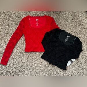 Madden NYC Women's Lace Scoop Neck Tops (2) With Sheer Long Sleeves Size: XS